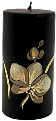 Dekohelden24 Hochwertige Kerze mit Orchidee/Orchideenkerze als Stumpenkerze/schwarz mit brauner Blüte/H/Ø: ca. 10 x 5 cm.