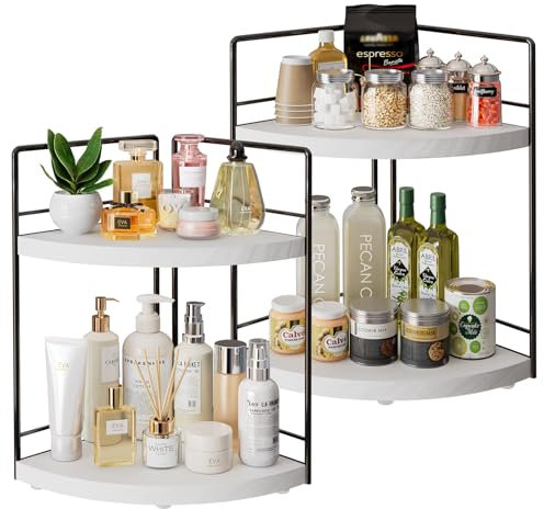 OCPO HOME 2x Organizzatore Angolare per il Bagno, 2 Ripiani Organizzatore Contatore in Legno, Scaffale Angolare Multifunzione per Toeletta Camera da Letto Bagno Cucina, Bianco