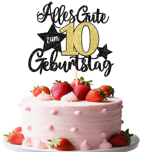 1 Stück 10 Kuchen Deko Happy 10th Birthday Cake Topper für Jungen & Mädchen - Schwarz & Gold