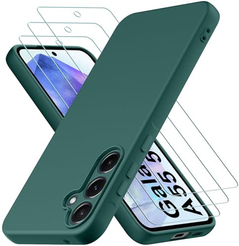 Coque Samsung Galaxy A55 5G, avec 3 Pièces Verre trempé Protection écran, Couche Intérieure Douce, Mince Souple Silicone Étui Protection Antichoc Bumper Housse TPU Téléphone Case Cover, Vert Nuit