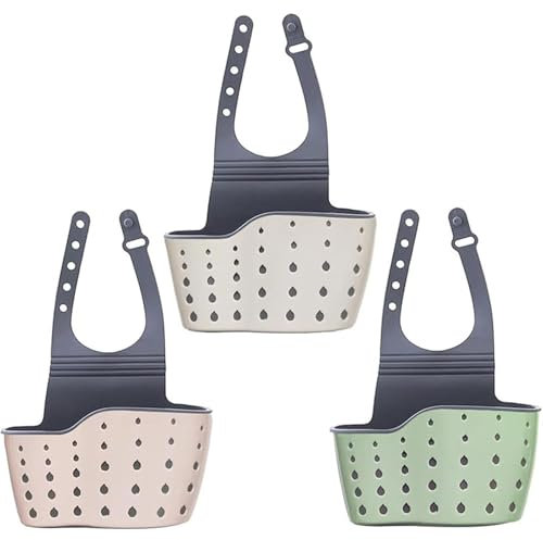 3 Pcs Kitchen Sink Sponge Holder, Portable Sink Shelf, Hanging Strainer Organizer Storage Bag with Adjustable Strap and Drain Holes for Dryin