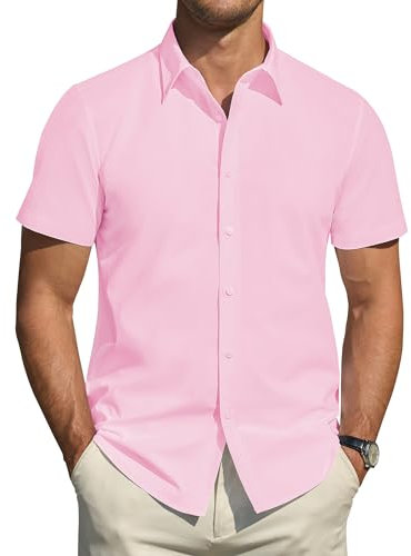 J.VER Mens Casual Urban Stylish Pink Short Sleeve Regular Fit No Iron Business Button Up Solid Dress Shirt XXL