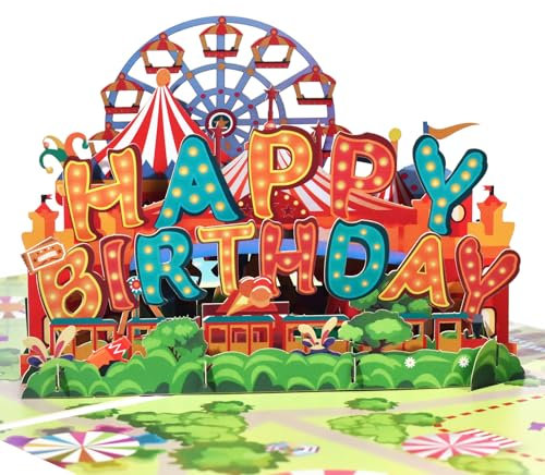 Riesenrad-Karneval Pop-Up Happy Birthday Grußkarte, Liebe Geburtstag für Erwachsene und Kinder mit leerer Notizkarte und Umschlag, faltbare Feierkarte für Tochter, Sohn, Mama, Papa, Freund