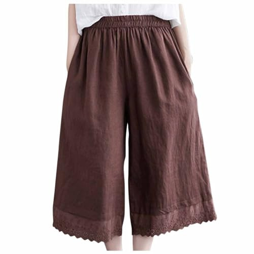 Three Quarter Length Trousers Women Capri Pants, Ladies Cropped Cotton Linen Trousers Lace Palazzo Pants Plain Baggy 3/4 Trousers Summer Lounge Pants Drawstring Elasticated Waist Bottoms