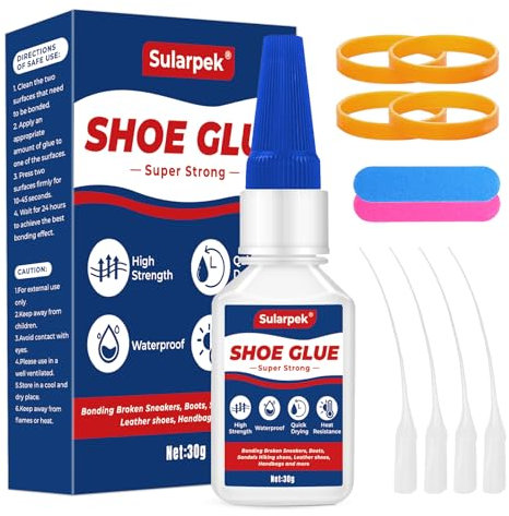 Sularpek Pegamento Zapatos Extrafuerte, 30 G Pegamento para Zapatos Transparente con 4 Puntas Aplicadoras de Precisión, Cola Zapatero Profesional para Zapatos, Suelas, Botas, Tenis, Tacones