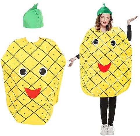IGEAIIE Disfraz de piña para adultos, divertido traje de cosplay de frutas con traje amarillo y sombrero de hoja verde, disfraz de tela no tejida para Halloween, fiestas temáticas, juegos de rol