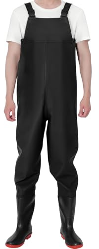Blackwater PVC WADERS BLACK FLY FISHING BOOTED WITH BOOTS CHEST SIZE 8 9 10 WELLINGTON POND RUBBER STRONG WATERPROOF HUNTING MENS CARP COARSE QUICK RELEASE STRAPS BUCKLE (UK size 9)