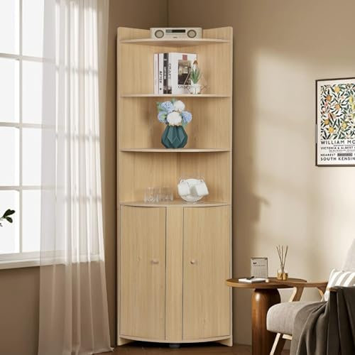Corner Cabinet, 181cm Tall Storage Cabinet with 2 Barn Doors, 4 Open Shelves, Freestanding Farmhouse Storage Shelves, Space Saving Wooden Sideboard Shelving Unit for Home Kitchen