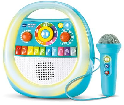 VTech - Music'Kid Karaoké Bleu - Enceinte Bluetooth Lumineuse Enfant - Baladeur Musical avec Micro Karaoké, Comptines et Chansons, Enregistreur Vocal - Cadeau Enfant Dès 2 Ans - Contenu en Français