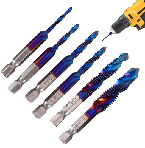 6 Packs Combination Drill & Taps Bit Set - HSS Tap Drill Bit Set, Screw Tapping Threading Tools, M3 M4 M5 M6 M8 M10 Titanium Coated, 6mm Metric Hex Shank Screw Taps Tool Set (Blue, Long)