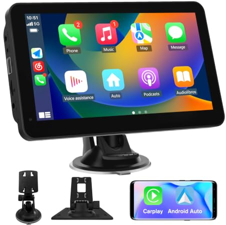 Hexinex Pantalla Carplay para Coche con CarPlay/Android Auto Inalámbrico, Pantalla Táctil de 7 Pulgadas Portátil, Admite Bluetooth/Mirror Link/Control por Voz/USB/TF/AUX, Negra