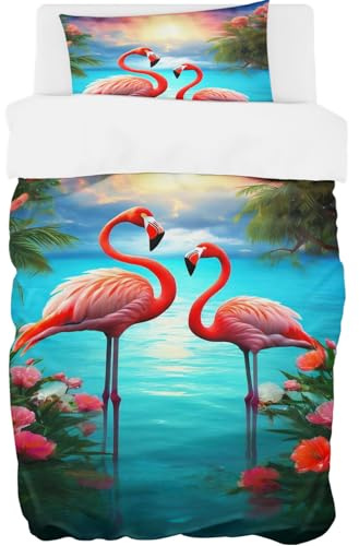 YISUMEI Bettwäsche 135x200 Set - Flamingo Strand Thema - Mikrofaser Bettbezug 2er Set 135x200 cm + 1 Kissenbezug 80x80 cm