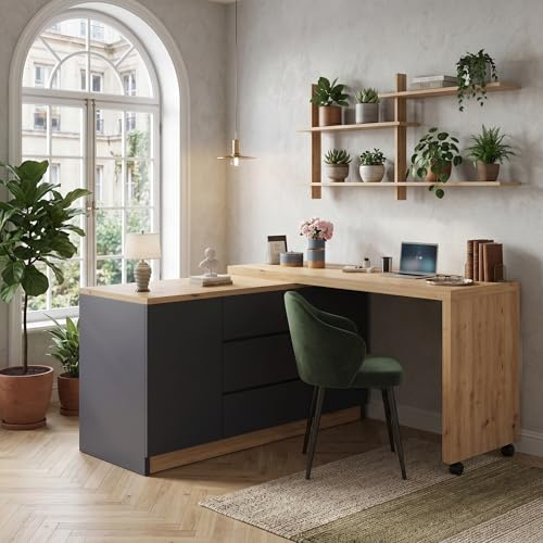 Ligterra Faltbarer Schreibtisch, Schreibtisch mit Schubladen, Eckschreibtisch, Sideboard, mit Feststellbaren Rollen, Drehbare Tischplatte, Fest Arretierbar, 120×50×76.5cm (Grau+Eiche)