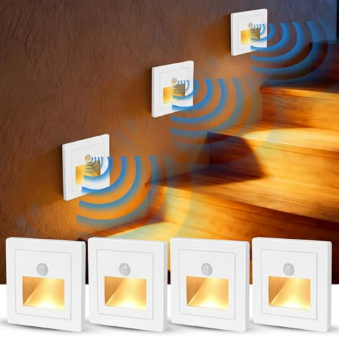 BRIMETI Treppenlicht mit Bewegungsmelder LED Treppenbeleuchtung Warmweiß 3W | 300LM Treppenstufenbeleuchtung 230V Wandeinbauleuchte 3000K Stufenlicht Lampe 85x87MM für Innen Flur (Weiß, 4er Set)