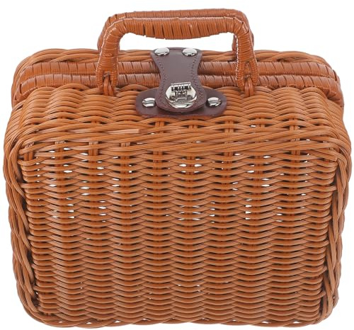 OFFIGAM Rattan Aufbewahrungsbox im Retro Stil Handgewebte Optik Kunststoff und Kunstleder Große Kapazität Stabil für Kleidung und Spielzeug Zufällige Farbe