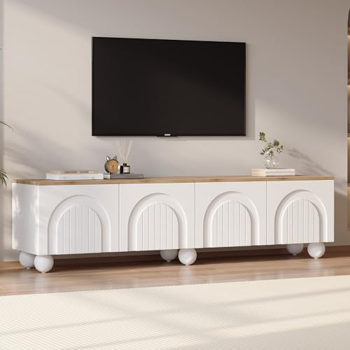 RAPRAP 180cm Fernsehschrank für 80 Zoll, Weiß/Holz Farbe Tv Lowboard Stehend mit 4 TüRen und Druckknopf, MDF TV-Board und TV-Kommode, 30kg Tragfähigkeit, E