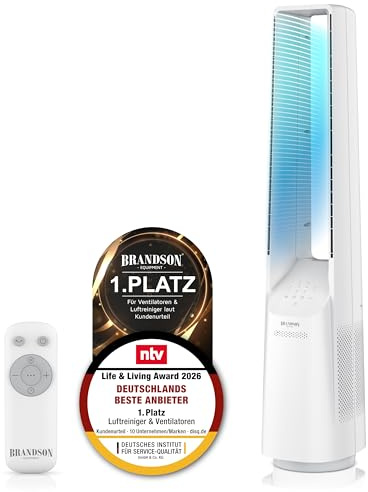 Brandson - Standventilator ECO Line - blattlos rotorlos - DC Motor sehr leise - Sieger Ventilatoren und Luftkühler 2026-6 Geschwindigkeiten – mit Fernbedienung – Oszillation - (A: Weiß)