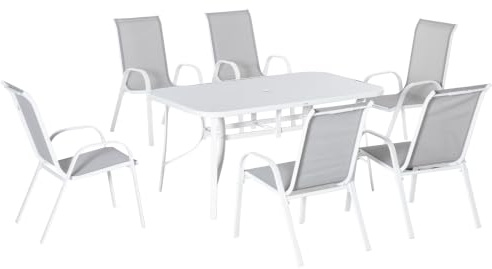 Outsunny Conjunto de Mesa y Sillas Jardín de 7 Piezas Exterior Gris | Muebles de Jardín Exterior, Mesa y 6 Sillas para Terraza, Orificio para Sombrilla, Encimera de Cristal, para Terraza Patio