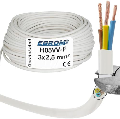 EBROM Manguera – Cable de dispositivo – H05VV-F 3G2,5 mm² – 3 x 2,5 mm² – Color: Blanco – Disponible en muchas longitudes hasta 50 metros, seleccionable en incrementos de 5 metros – Su longitud a