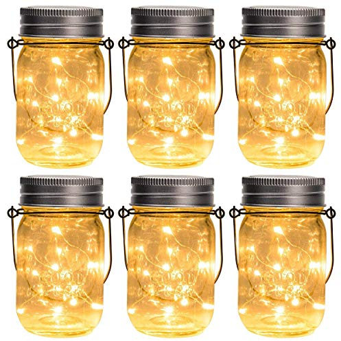 GIGALUMI Hanging Solar Mason Jar Lights, 6 Pack 30 Led Lanterns. Great Outdoor Decor for Patio Garden, Yard and Lawn, Warm White