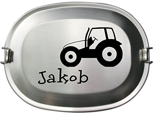 - Die Vesperdose Frühstücksbox Brotdose aus Edelstahl - Gravur des Namens neben einem Traktor