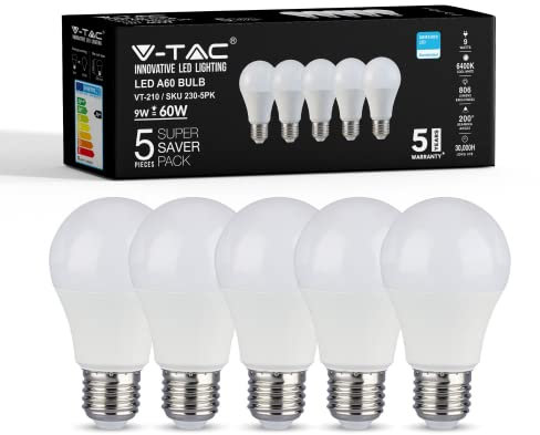 V-TAC 5 Pack E27 LED Light Bulb 9W (Replaces 60W) Cool White