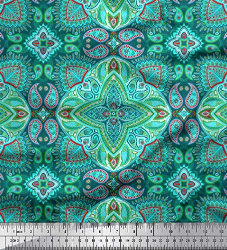 Soimoi Grun Baumwoll-Popeline Stoff Mandala & Paisley ethnisch Stoff Meterware 42 Zoll breit