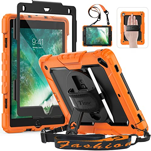 Timecity Hülle für iPad Air 2 iPad 6. / 5. Generation iPad Pro 9,7 2018/2017 Stoßfeste Schutzhülle mit Displayschutz 360°-drehbare-Ständer Stifthalter Handschlaufe Schulterrgurt Outdoor - Orange