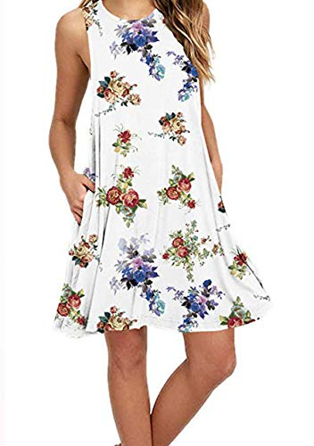 OMZIN Damen Tunika Ärmellos Basic Tank Tops mit Taschen Langes Shirt Mini Sommerkleid Weiß XL Weiß M