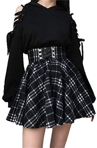 SIPEIEN Damen Plaid A-Linie Rock Gothic Hohe Taille Falten Flare Kurz Mini Skater Rock,Schwarz,XL