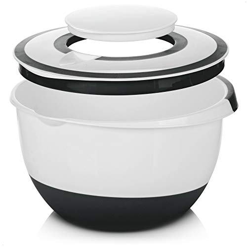 com-four® Tazón para Mezclar 5l, Ensaladera, Recipiente para Hornear con Base Antideslizante, Tapa Protectora, Orificio para Revolver y Pico Vertedor (1 pieza - negro)