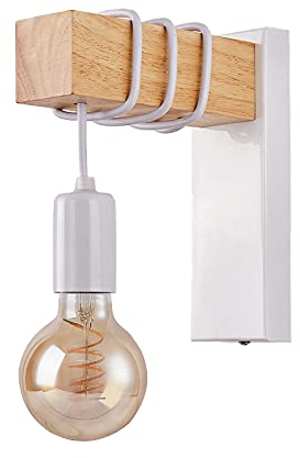 Chrasy E27 Wandleuchte Innen Modern Wandlampe Schwarz/Weiß Industrial Lampe Holz E27 mit Schalter Lampe Pendelleuchten Wandleuchte Nachttisch Lampen (Ohne Leuchtmittel) (Weiß)