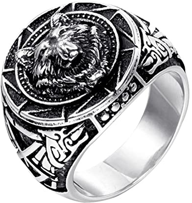 HIJONES Herren Jahrgang Runden Signet Wolf Ring Silber aus Edelstahl zum Paare Größe 54 (17.2)