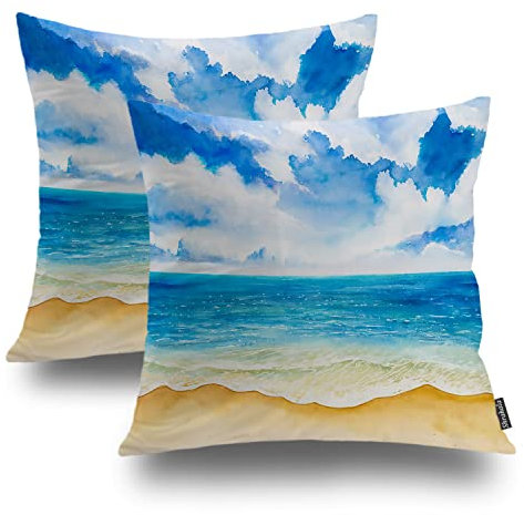 Shrahala Watercolor Beach Island Decorative Throw Pillow Cover, Seascapes Nature Ocean Blue Summer Square Pillowcase Blended Double-Sided No Inserts for Bedroom Living Room Set of 2 (18 x 18 in)