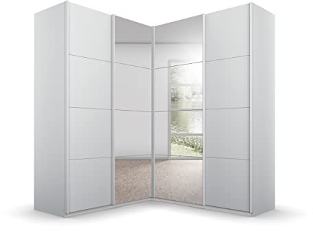 Rauch Möbel Quadra Schrank Eckschrank Schwebetürenschrank, Grau, 4-trg. mit Spiegel, inkl. 2 Kleiderstangen, 12 Einlegeböden, 3 Schubkästen, BxHxT 181x210x187 cm