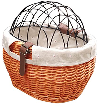 SPYMINNPOO Cesta de Bicicleta para Mascotas, Cesta de Mimbre para Bicicletas para Perros Pequeños, Gatos, Cesta Delantera con Cubierta de Malla de Alambre (Color Miel)