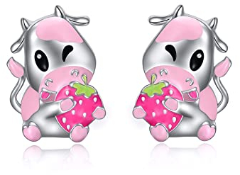 ONEFINITY Kuh-Ohrringe, Sterlingsilber, Erdbeer-Kuh-Ohrstecker, Tierliebhaber-Schmuck, Geburtstagsgeschenke für Frauen und Mädchen