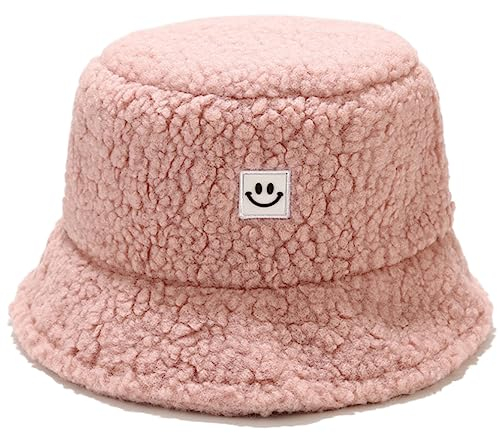 Damen Plüsch Fischerhut Wintermütze Flauschige Bucket Hat Warme Anglerhut Winter Fischerhut Damen Kunstpelz Bucket Cap Warme Mütze mit breiter Krempe Flauschige Mütze (Pink-1)