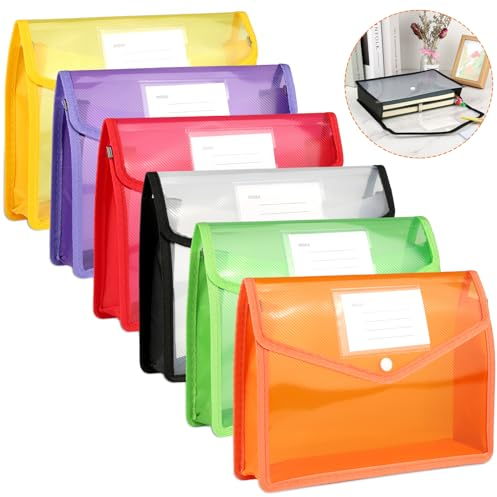 6 Stück Dokumententasche A5, 6 Farben Dokumentenmappe Mit Namensschild und 6 cm Erweiterungs-Organizer, Sichttasche Wasserdicht, Abheftbar für Schulbürobedarf