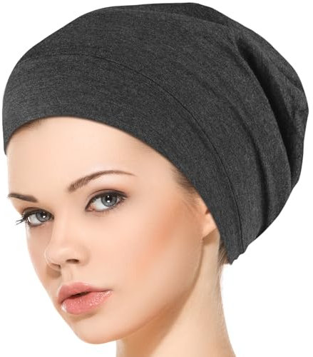 COMNICO Silk Satin Lined Sleep Cap, Modal Cotton Outer Layer Adjustable Curly Hair Bonnet Hair Cover Slouchy Beanie Women Men (Grey)
