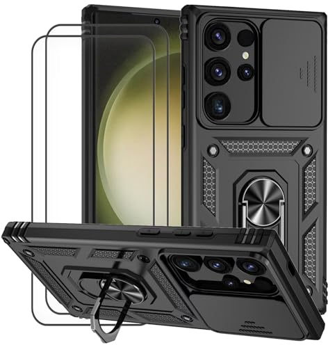 Dechyi Coque pour Samsung Galaxy S24 Ultra avec Verre TrempéLentille Coulissante Couverture Support d’Anneau Rotatif Armor Silicone Étui Antichoc Bumper-Noir