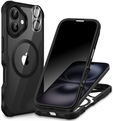 CENHUFO Compatible with iPhone 16 Privacy Case Fits Magsafe, Built-in Anti-spy Screen Protector with Camera Lens Protector, 360 Full Body Protective Phone Case for iPhone 16 Case 6.1 Inch -Black