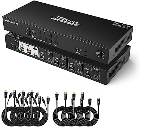 TESmart HDMI KVM Switch 4 PC 2 Monitore, 4 Port 4K60Hz KVM-Switches mit EDID, Audio, Unterstützt Kaskadierung für Quad-Monitor durch DCCI, USB2.0 für Scanner Drucker, Hotkey Umschalter mit Kabel