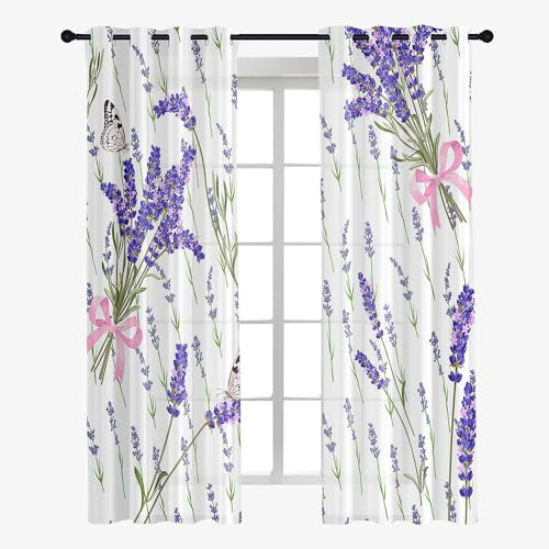 Surwin Voile Gardinen Blumen Drucken Vorhänge Transparent Vorhang 2er Set, Gardinen mit Ösen 3D Fenstergardinen für Wohnzimmer, Schlafzimmer, Küche (140x213cm,Lavendel)