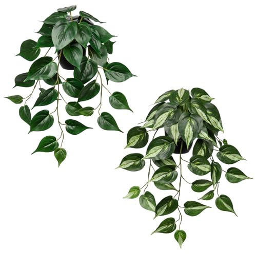 DILATATA 2 Pack Artifitial Hanging Plants 18 Fake Devil's Ivy Golden Pothos Plants, Hanging Potted Plants for Home Office Bedroom Indoor Outdoor Decor