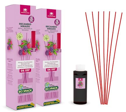 CRISTALINAS | Pack 2 Recambio Ambientador Hogar Mikado + Cañas | Aroma Moras y Frambuesas | Ideal para casa y oficina | 100% Puro | Larga Duración 12 Semanas | 2x85ml | 0% Alcohol
