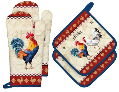 Arquiel Gants De Four & Maniques Lot De 4, 100% Coton Maniques Cuisine Gant Four Anti Chaleur Extra-Longue pour Barbecue, Cuisine, Griller,Micro-Ondes(Coq Vintage)