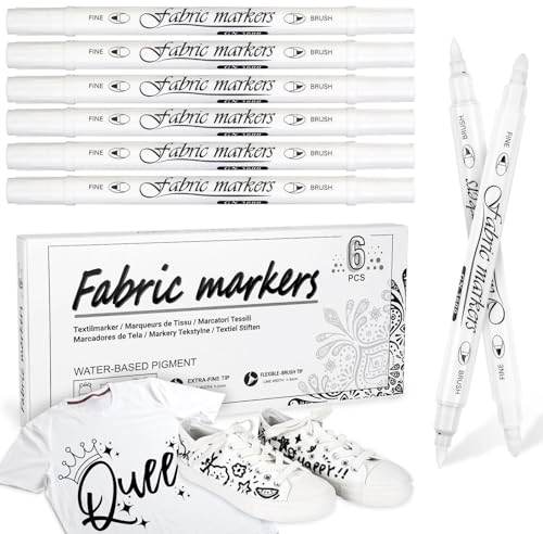 Aocster Textilstifte Waschmaschinenfest Weiß, 6 Stück Textilmarker Waschmaschinenfes Weiß, 1-5mm Dual Tip textilfarbe Permanent, Ungiftige Stoffmalstifte für T-Shirt Stoffbeutel Schuhe