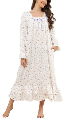 Chemises de Nuit Longues en Coton pour Femmes Col Carré Classique Style Palais Robe de Nuit Longue pour L'automne et l'hiver (L, Rose Lilas)