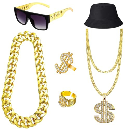 Plusupon Hip Hop Costume Set, 80s 90s Fancy Dress Rapper Hip Hop Jewelry Accessories, Fake Gold Chain, Dollar Sign Necklace Ring, Hip Hop Sunglasses for Rapper DiscoHippie Party Men Women